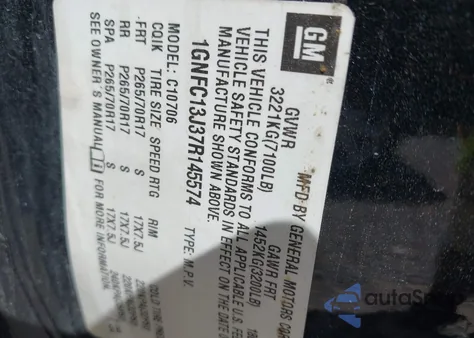 2007 Chevrolet Tahoe Lt z USA, uszkodzony, nr VIN 1GNFC13J37R145574